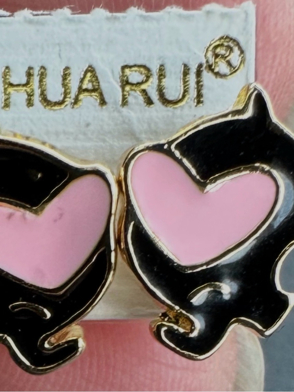 Gold-Tone Cat Heart Stud Earrings in Black and Pink by HUA RUI